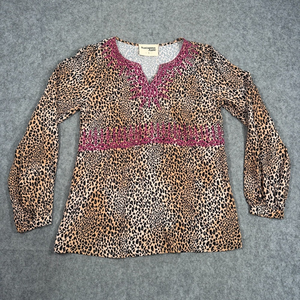 Savanna Jane Leopard Print Embroidered Long Sleeve Top Women's Size Small